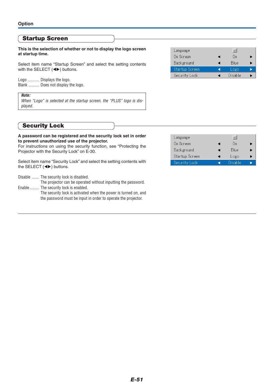 Startup screen, Security lock | PLUS Vision V-339 User Manual | Page 52 / 64