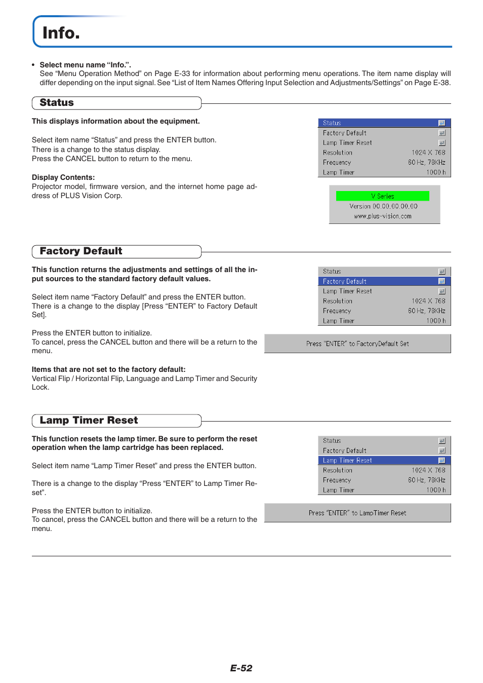 Info, Status, Factory default | Lamp timer reset | PLUS Vision V-339 User Manual | Page 53 / 64
