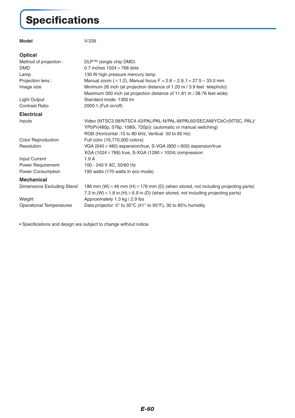 Specifications | PLUS Vision V-339 User Manual | Page 61 / 64