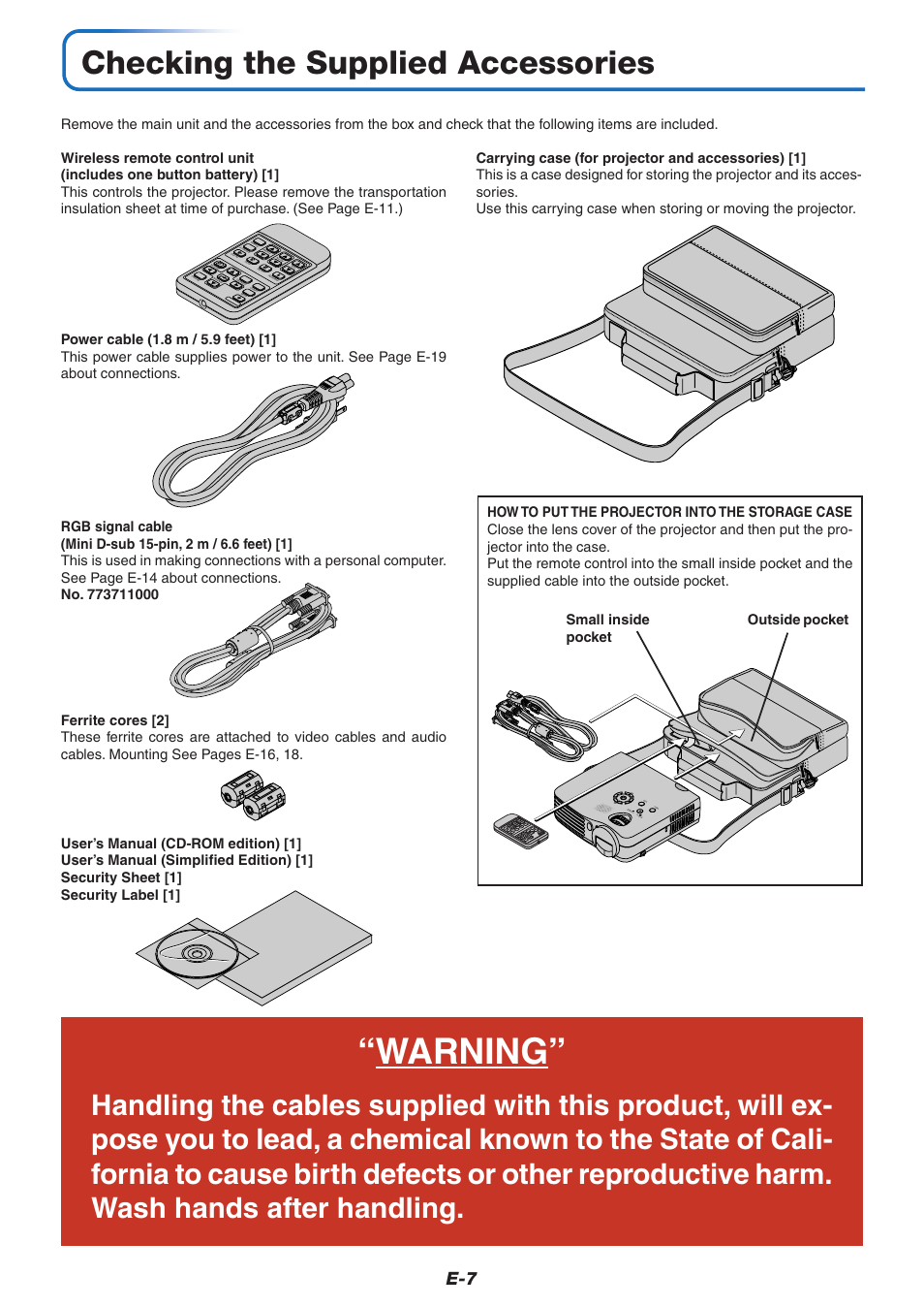 Checking the supplied accessories, Warning | PLUS Vision V-339 User Manual | Page 8 / 64