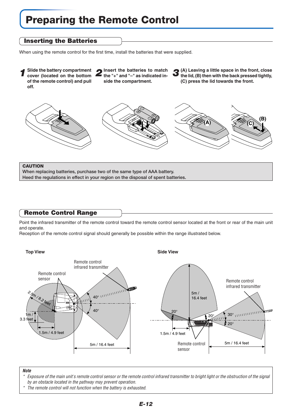 Preparing the remote control, Inserting the batteries, Remote control range | PLUS Vision U7-132/U7-137 User Manual | Page 12 / 67