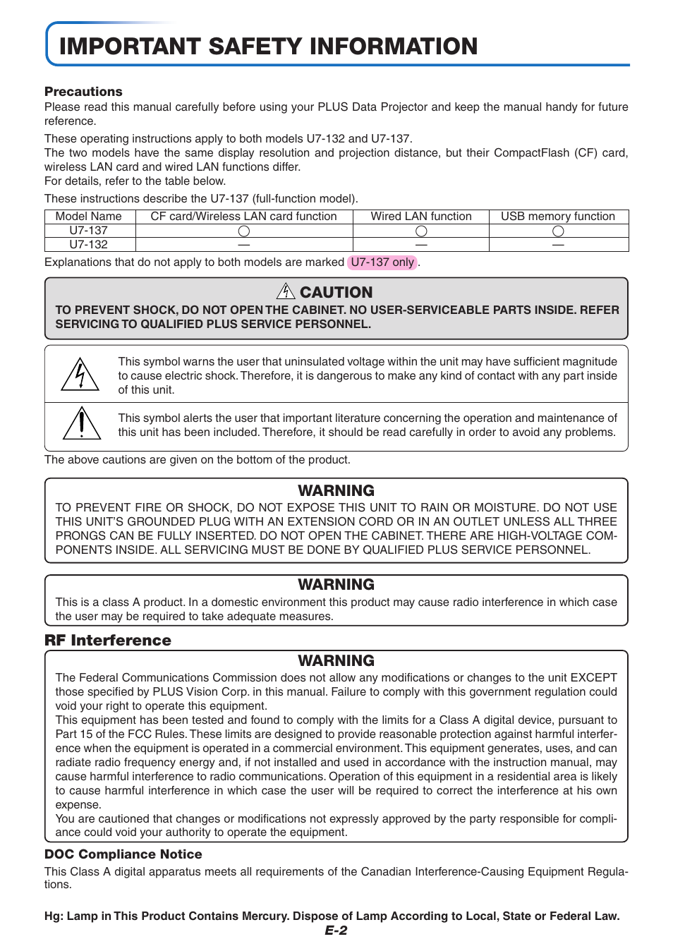 Important safety information, Caution, Warning | Rf interference warning | PLUS Vision U7-132/U7-137 User Manual | Page 2 / 67