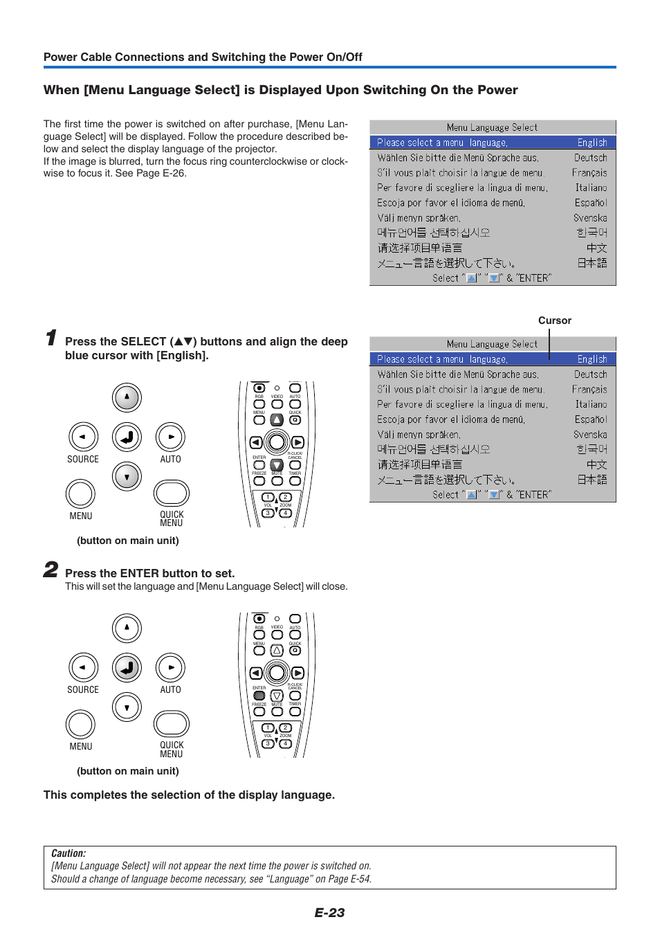E-23, Press the enter button to set, Cursor | Button on main unit) | PLUS Vision U7-132/U7-137 User Manual | Page 23 / 67