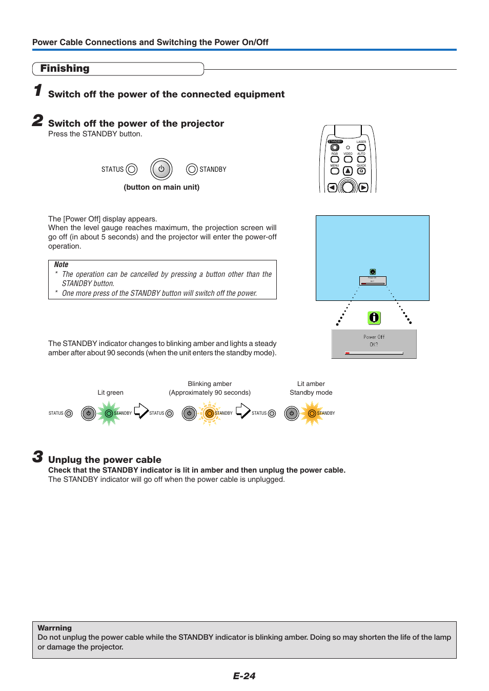 Finishing, E-24, Switch off the power of the connected equipment | Switch off the power of the projector, Unplug the power cable | PLUS Vision U7-132/U7-137 User Manual | Page 24 / 67