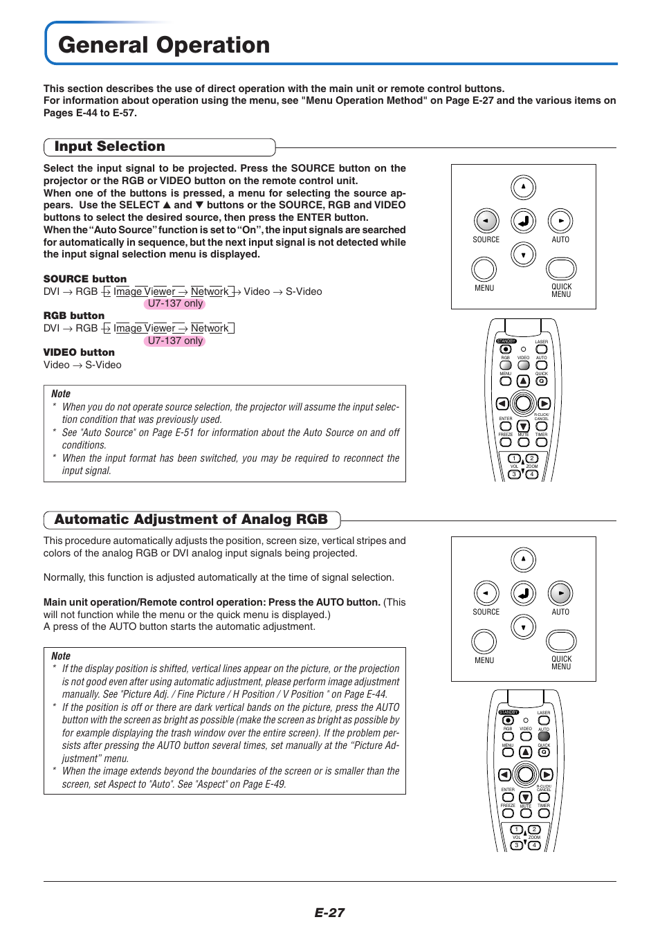 General operation, Input selection, Automatic adjustment of analog rgb | E-27 | PLUS Vision U7-132/U7-137 User Manual | Page 27 / 67