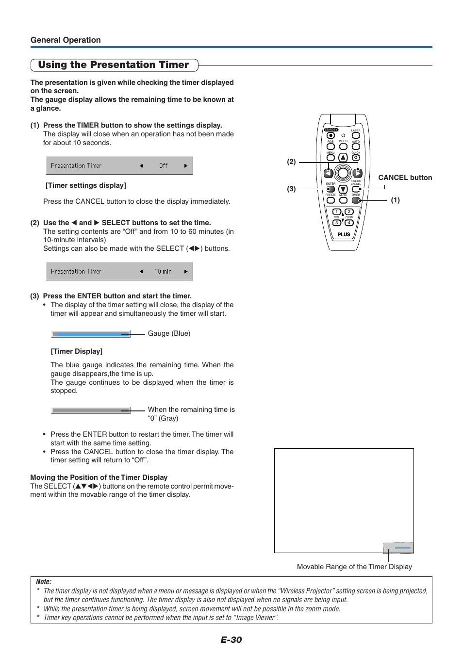Using the presentation timer, E-30, General operation | PLUS Vision U7-132/U7-137 User Manual | Page 30 / 67