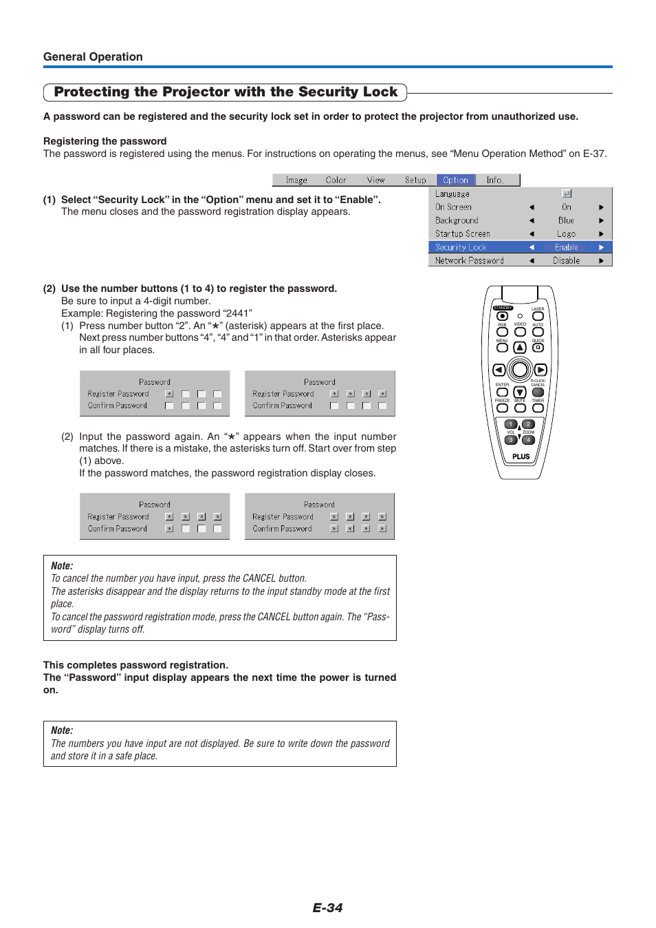 Protecting the projector with the security lock, E-34, General operation | PLUS Vision U7-132/U7-137 User Manual | Page 34 / 67