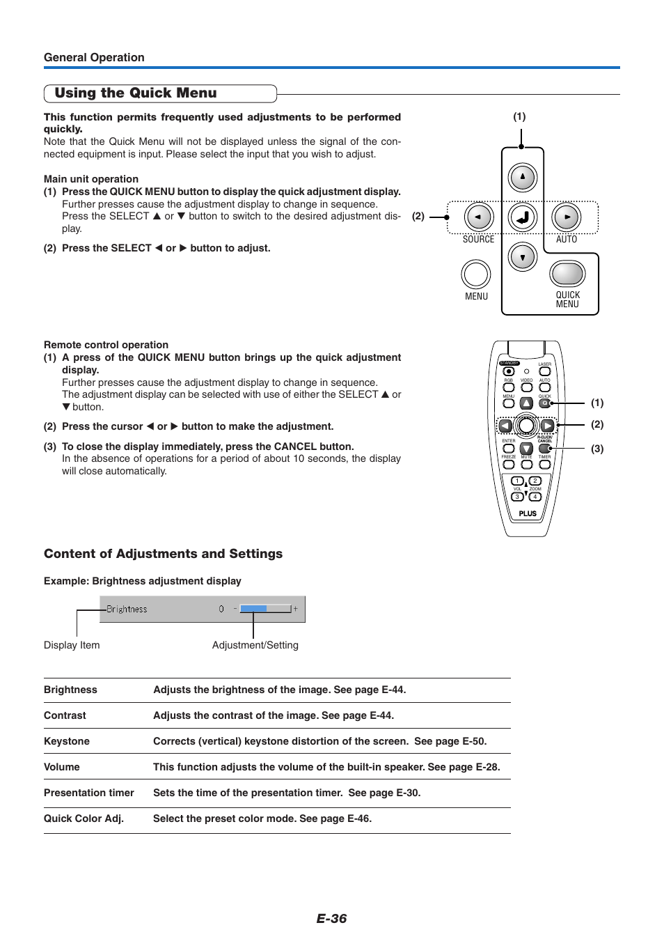 Using the quick menu, E-36, Content of adjustments and settings | General operation | PLUS Vision U7-132/U7-137 User Manual | Page 36 / 67