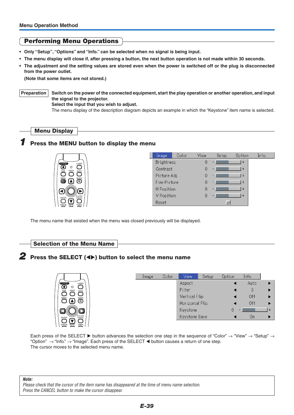 Performing menu operations, E-39, Menu operation method | PLUS Vision U7-132/U7-137 User Manual | Page 39 / 67