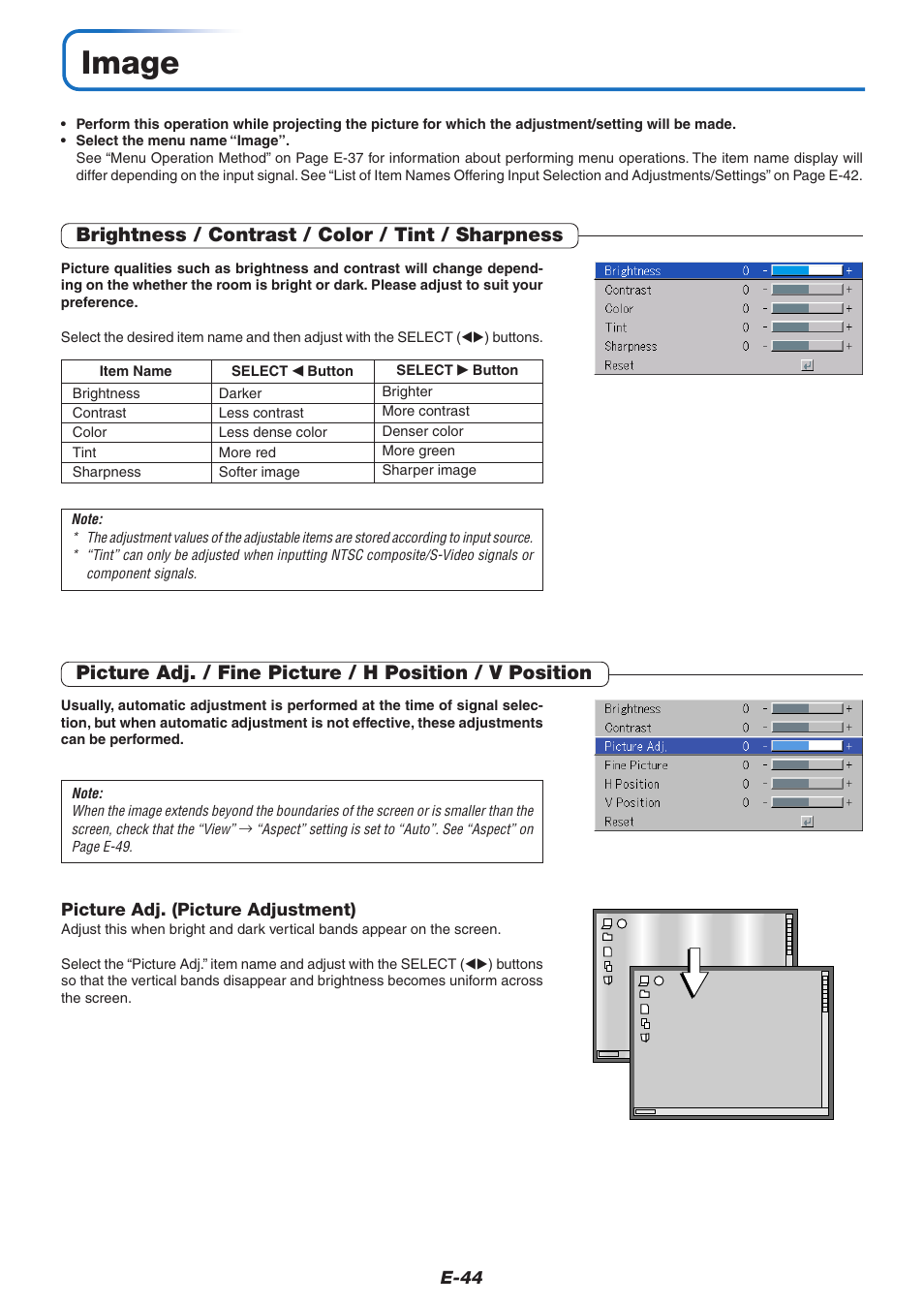 Image, Brightness / contrast / color / tint / sharpness | PLUS Vision U7-132/U7-137 User Manual | Page 44 / 67