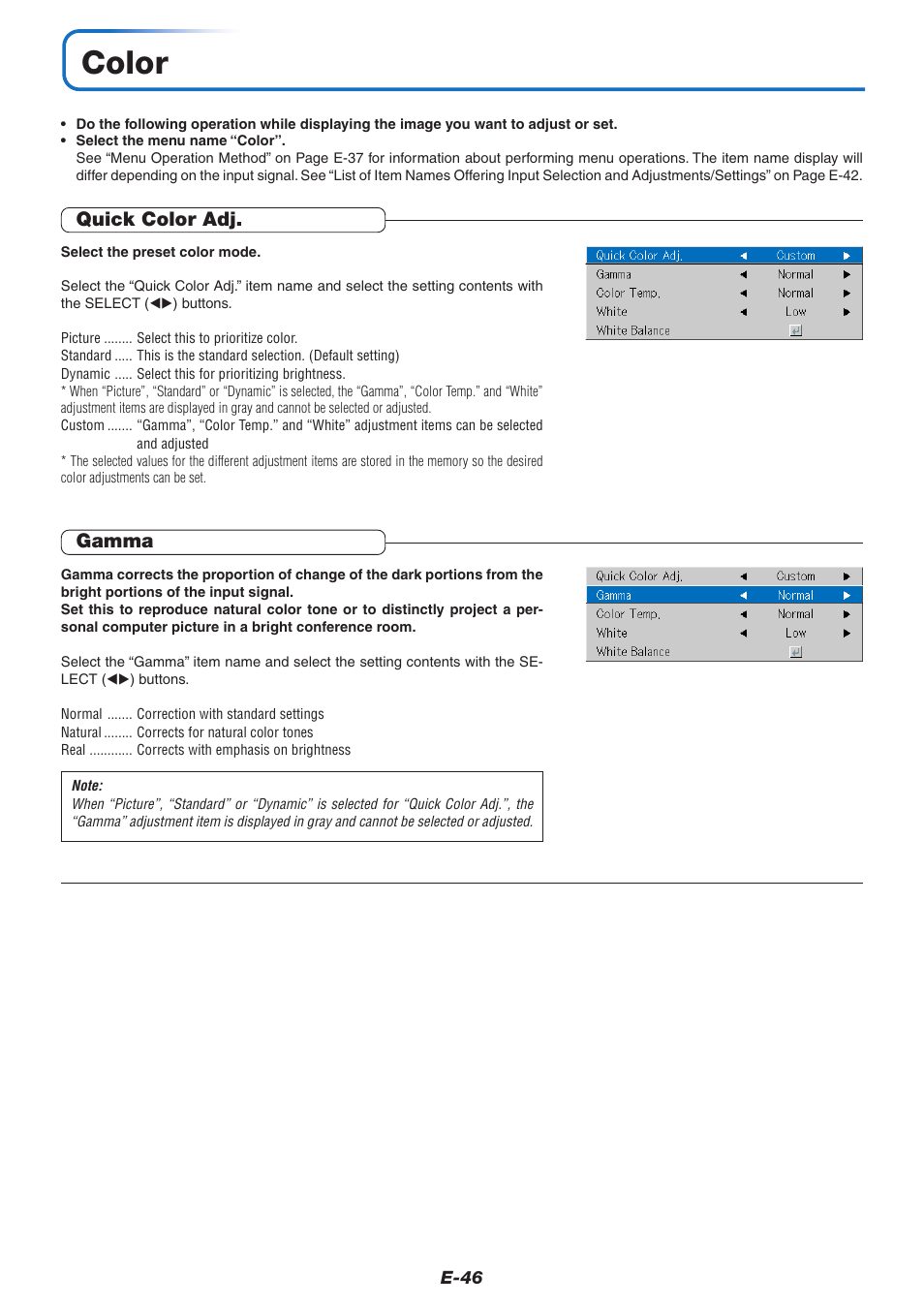 Color, Quick color adj, Gamma | PLUS Vision U7-132/U7-137 User Manual | Page 46 / 67