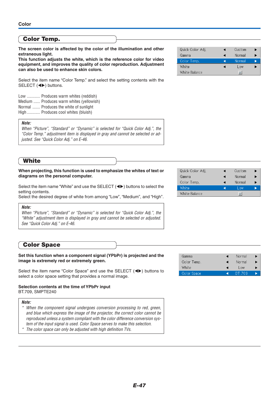 Color temp, White, Color space | PLUS Vision U7-132/U7-137 User Manual | Page 47 / 67