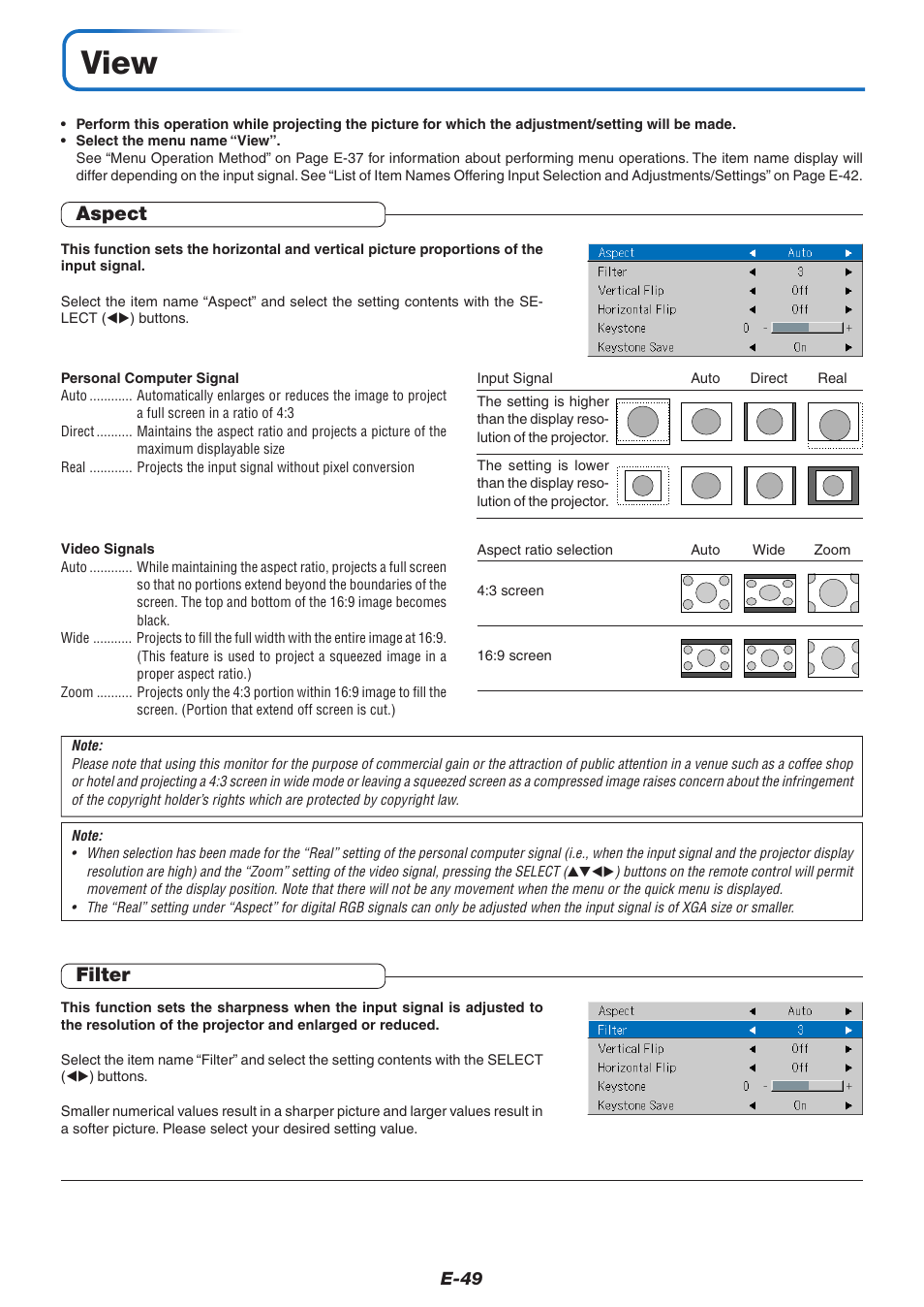 View, Aspect, Filter | Aspect filter | PLUS Vision U7-132/U7-137 User Manual | Page 49 / 67