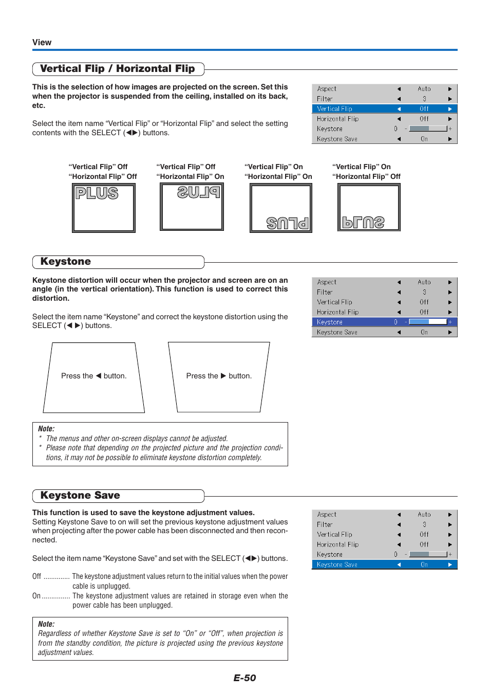 Vertical flip / horizontal flip, Keystone, Keystone save | PLUS Vision U7-132/U7-137 User Manual | Page 50 / 67