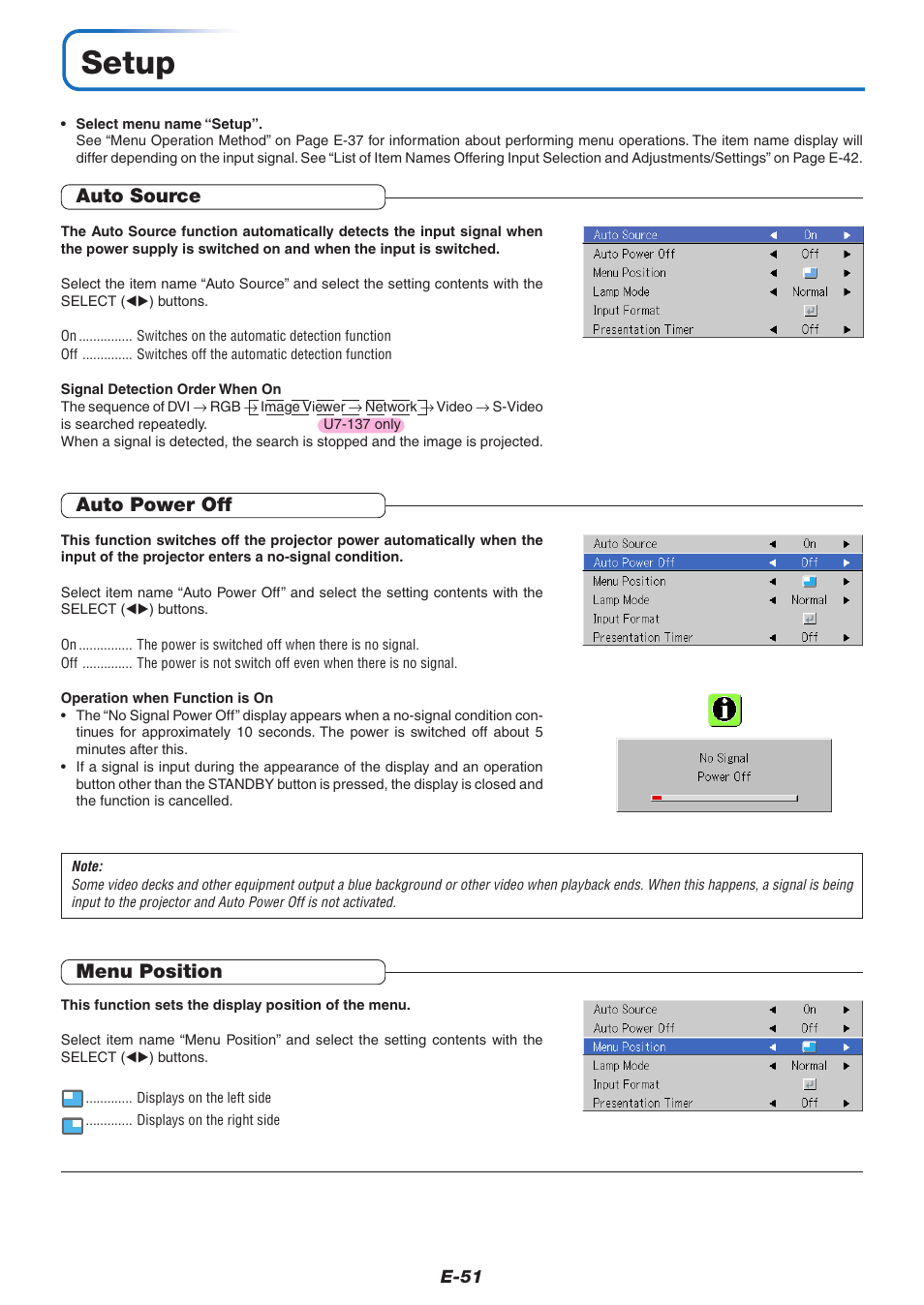 Setup, Auto source, Auto power off | Menu position | PLUS Vision U7-132/U7-137 User Manual | Page 51 / 67