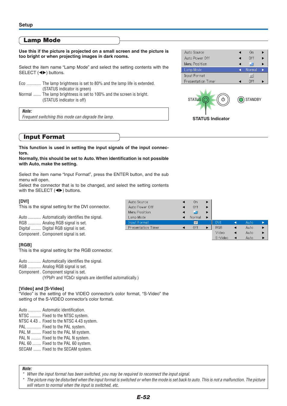 Lamp mode, Input format | PLUS Vision U7-132/U7-137 User Manual | Page 52 / 67