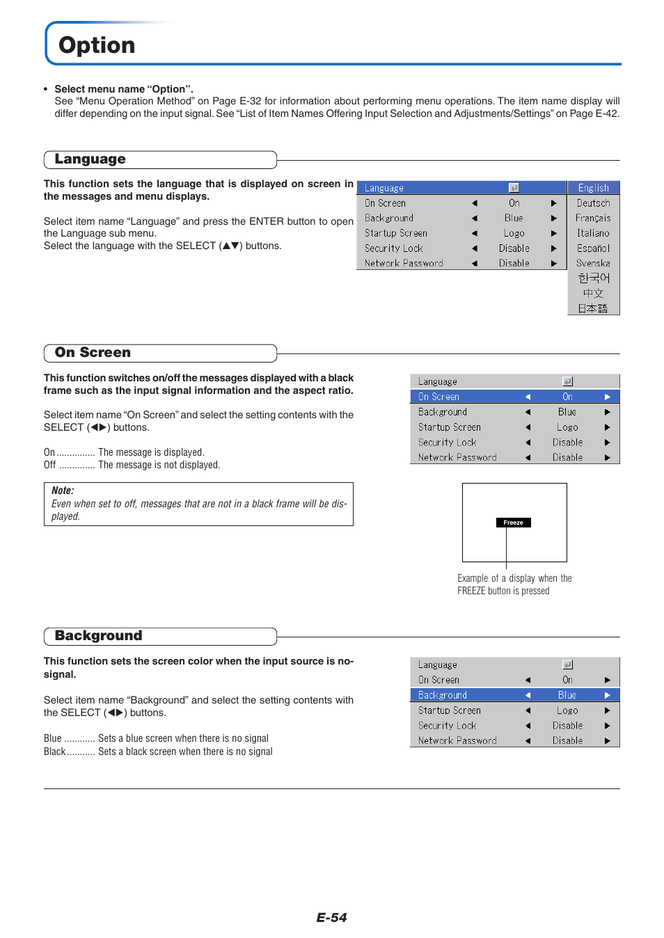 Option, Language, On screen | Background | PLUS Vision U7-132/U7-137 User Manual | Page 54 / 67