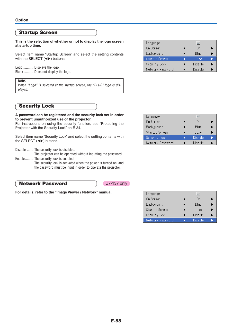 Startup screen, Security lock, Network password | PLUS Vision U7-132/U7-137 User Manual | Page 55 / 67