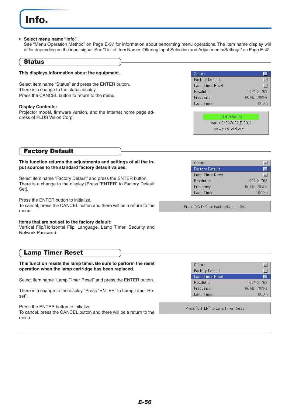 Info, Status, Factory default | Lamp timer reset | PLUS Vision U7-132/U7-137 User Manual | Page 56 / 67