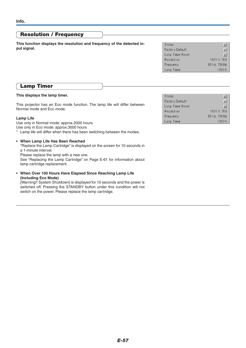 Resolution / frequency, Lamp timer | PLUS Vision U7-132/U7-137 User Manual | Page 57 / 67