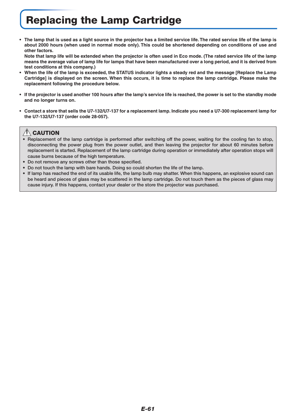 Replacing the lamp cartridge | PLUS Vision U7-132/U7-137 User Manual | Page 61 / 67