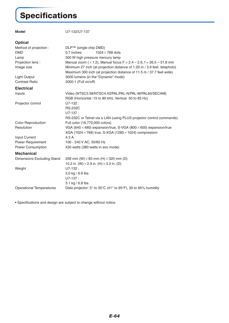 Specifications | PLUS Vision U7-132/U7-137 User Manual | Page 64 / 67