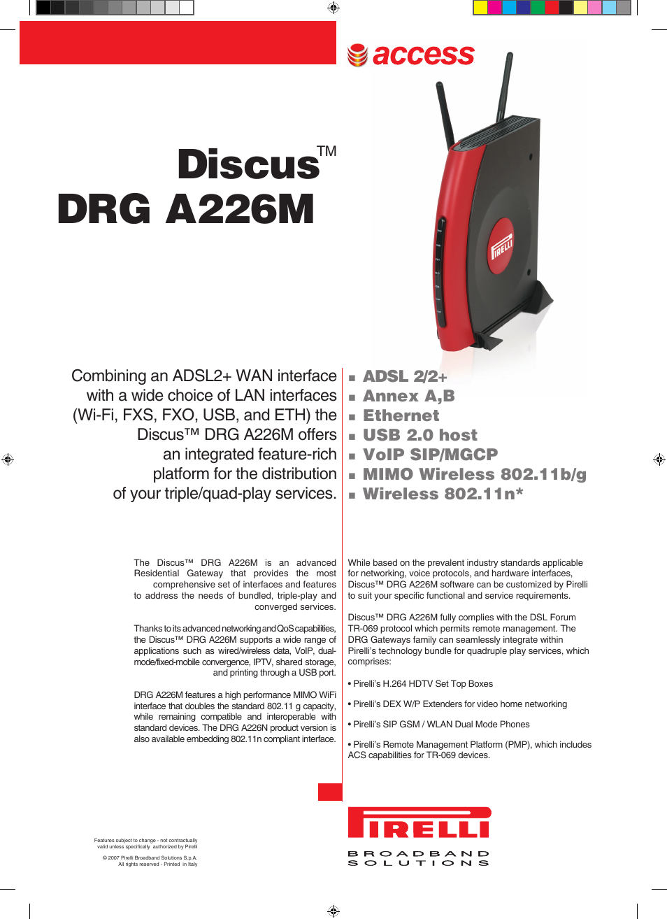 Pirelli Discus DRG A226M User Manual | 2 pages