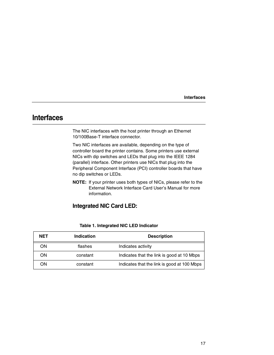 Interfaces, Integrated nic card led | Printronix Integrated Network Interface Card User Manual | Page 21 / 310
