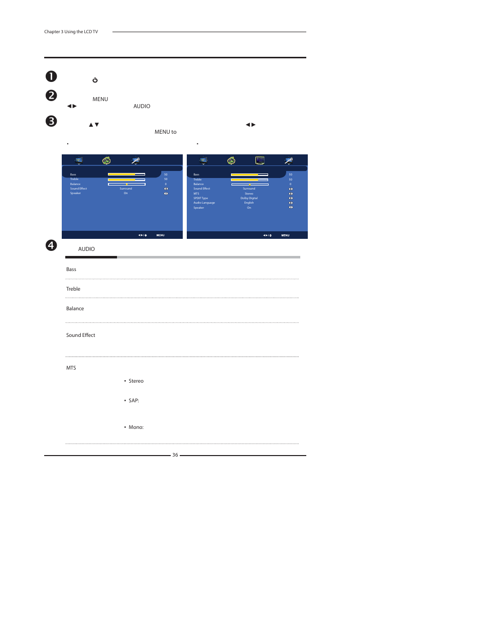 Customizing the audio settings | Princeton Digital (USA) TLA-04641C User Manual | Page 36 / 64