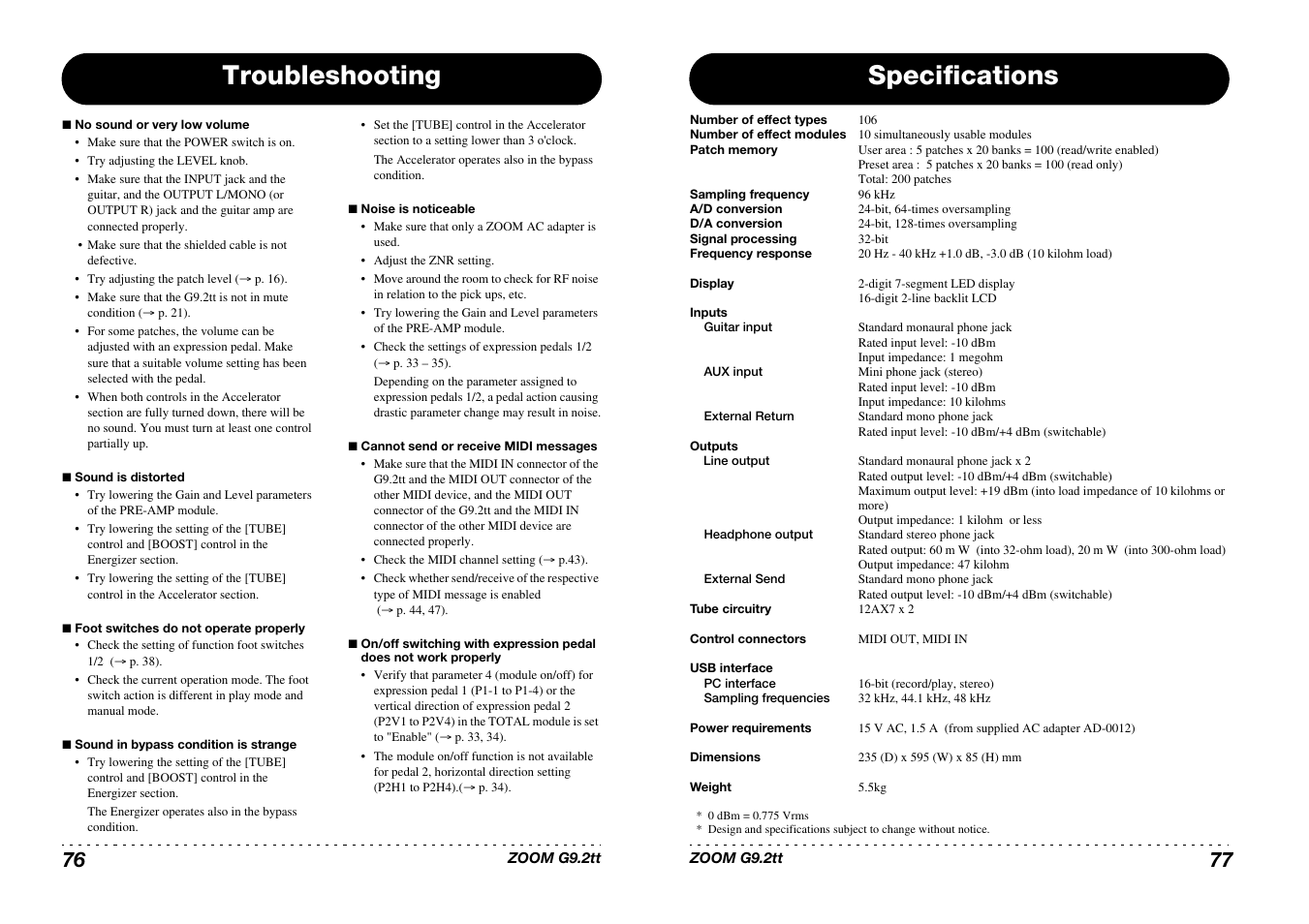 Troubleshooting, Specifications | Princeton Digital (USA) Guitar Effects Console G9.2tt2q User Manual | Page 39 / 51