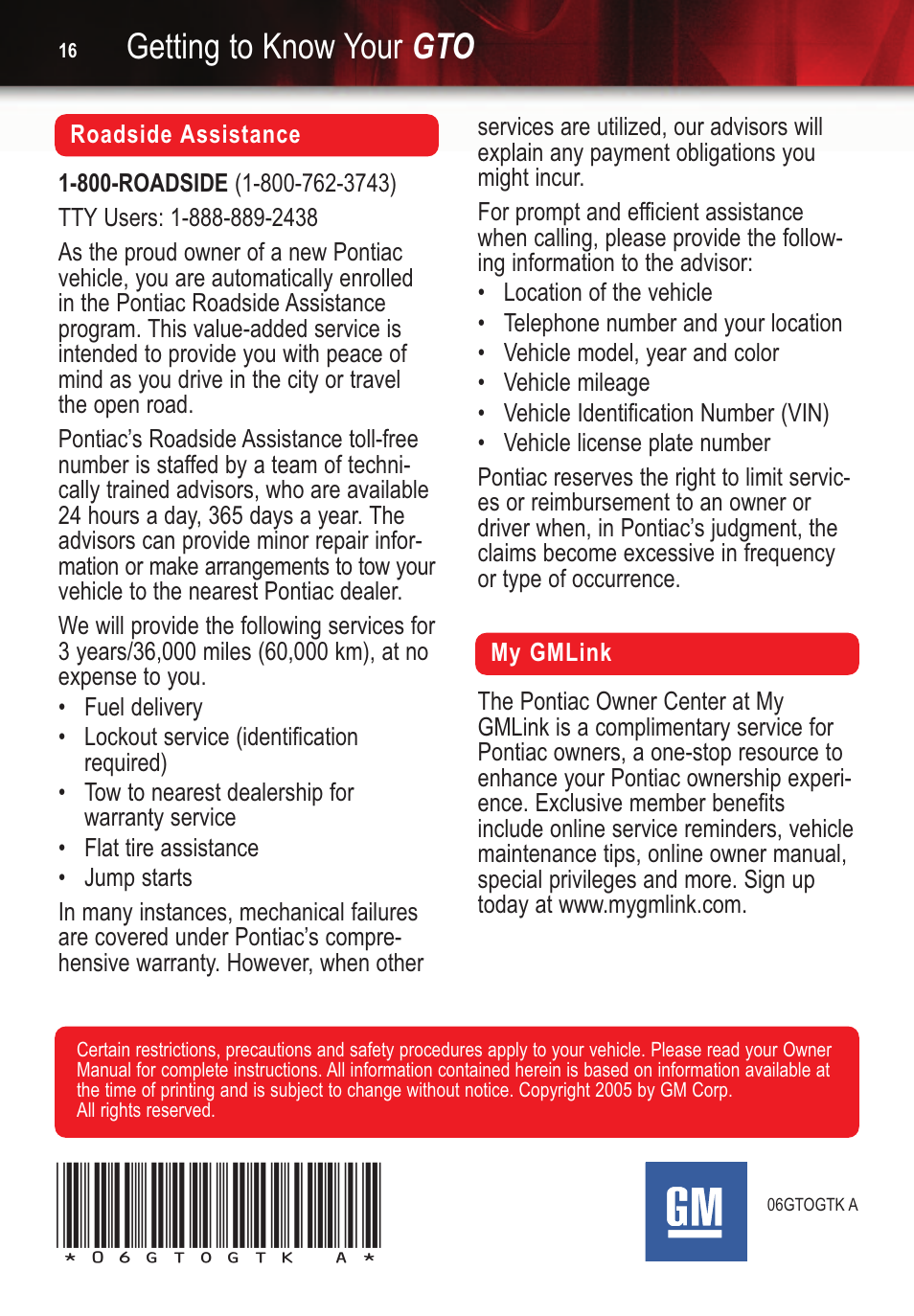 Getting to know your gto | Pontiac 2006 Gto User Manual | Page 16 / 16