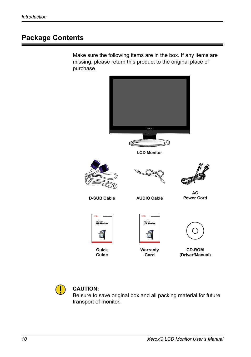 Package contents, 10 xerox© lcd monitor user’s manual introduction | Proview XM7-19w User Manual | Page 11 / 35