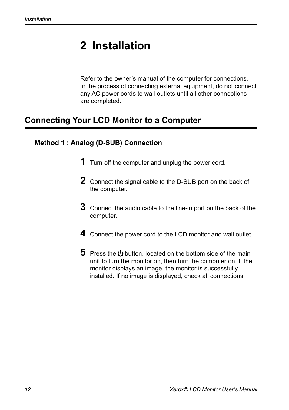 Chapter 1, Introduction, Installation | Connecting your lcd monitor to a computer, 2 installation | Proview XM7-19w User Manual | Page 13 / 35