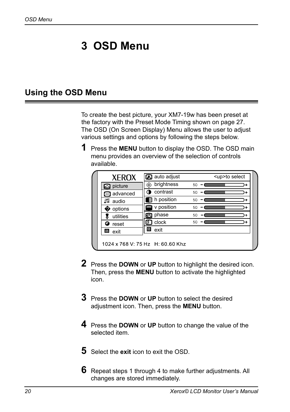 Chapter 3, Osd menu, Using the osd menu | 3 osd menu | Proview XM7-19w User Manual | Page 21 / 35