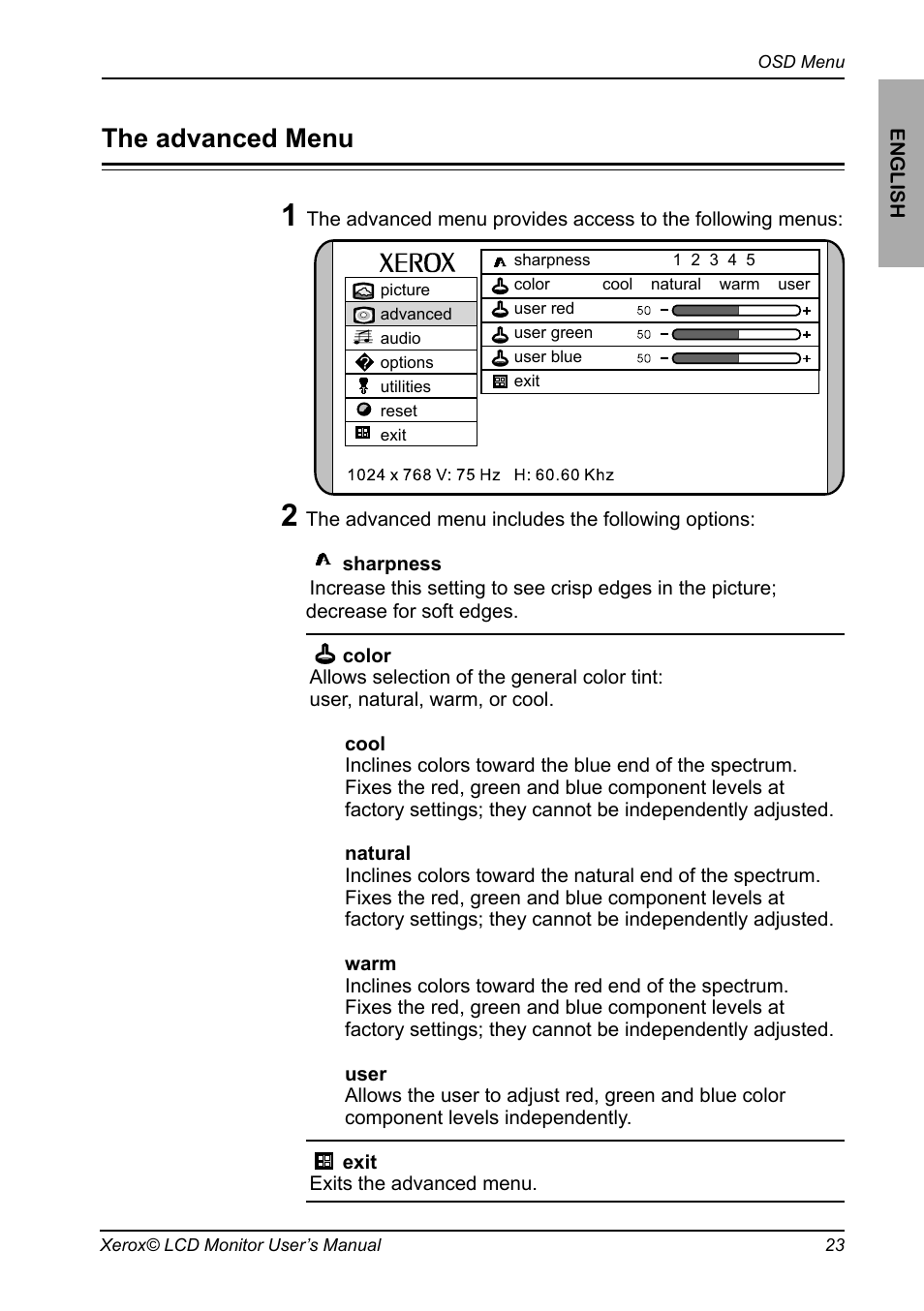 The osd options, The picture options, The advanced options | The audio options, The options options, The utilities options, The advanced menu | Proview XM7-19w User Manual | Page 24 / 35