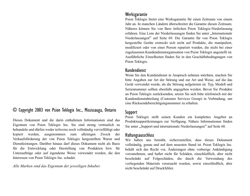 Werksgarantie, Kundendienst, Support | Haftungsausschluss | Psion Teklogix Notebook Pro User Manual | Page 50 / 72