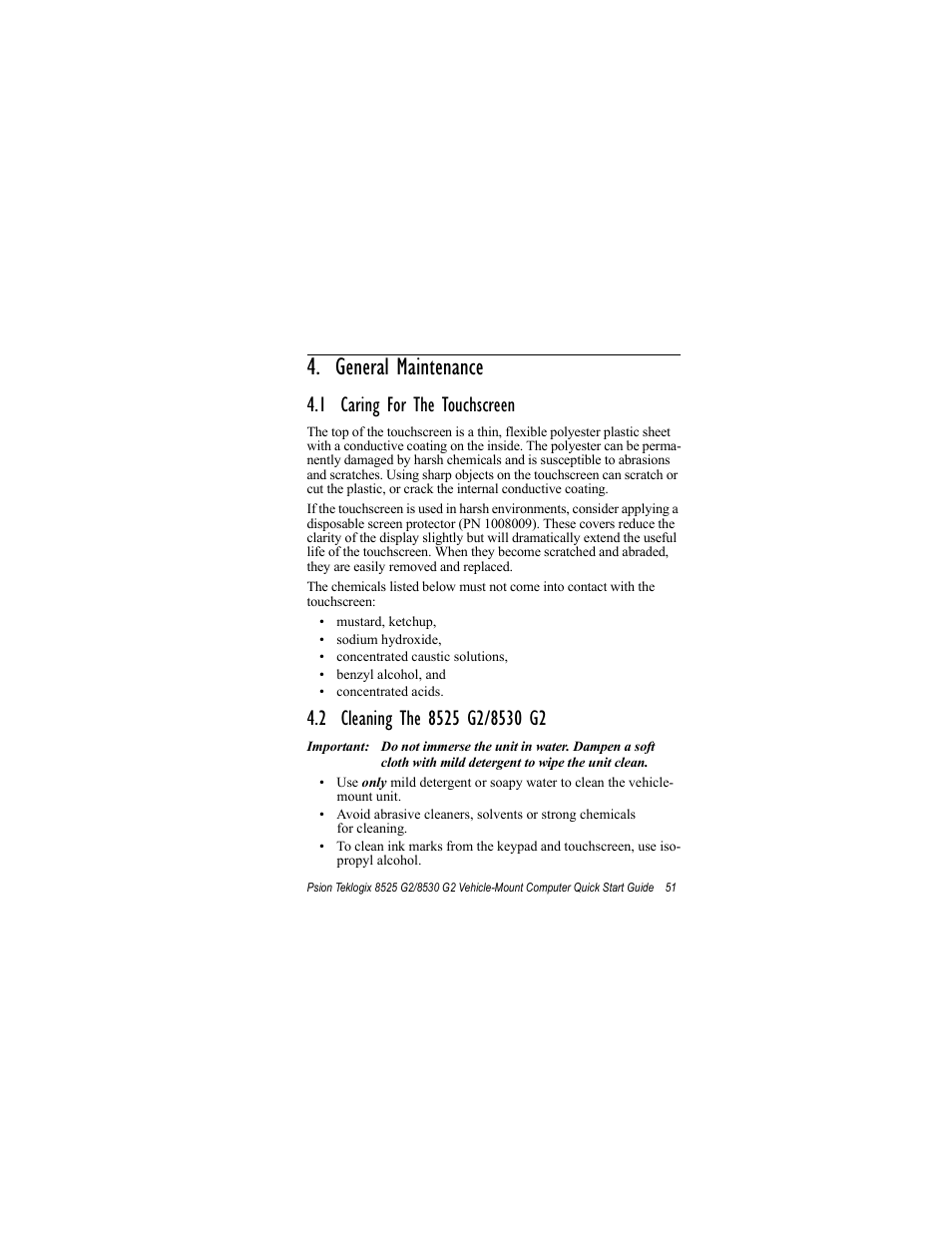 General maintenance, 1 caring for the touchscreen, 2 cleaning the 8525 g2/8530 g2 | Psion Teklogix Vehicle-Mount Computer 8530 G2 User Manual | Page 57 / 60