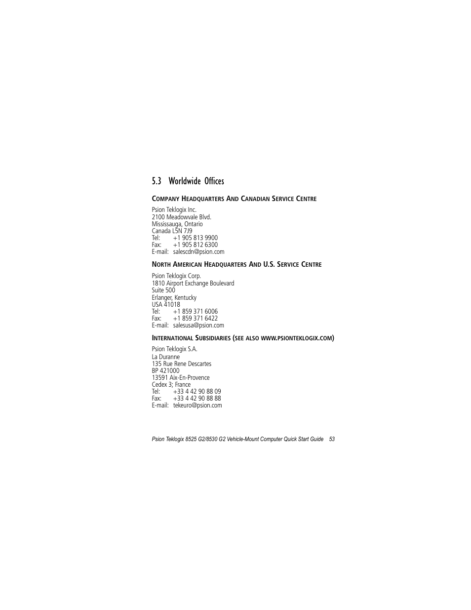 3 worldwide offices | Psion Teklogix Vehicle-Mount Computer 8530 G2 User Manual | Page 59 / 60
