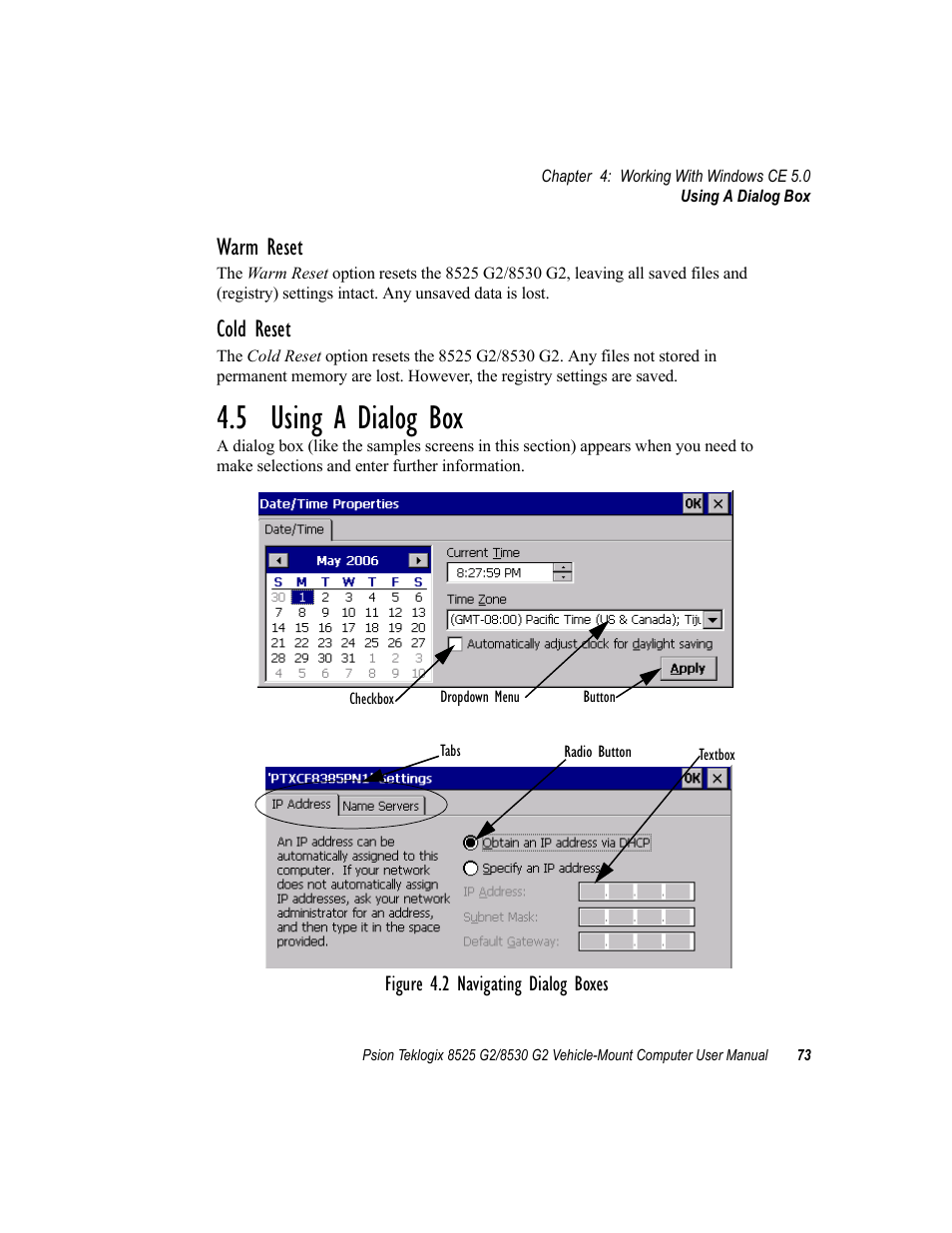 5 using a dialog box, Warm reset, Cold reset | Psion Teklogix Vehicle-Mount Computer 8525 G2 User Manual | Page 97 / 230