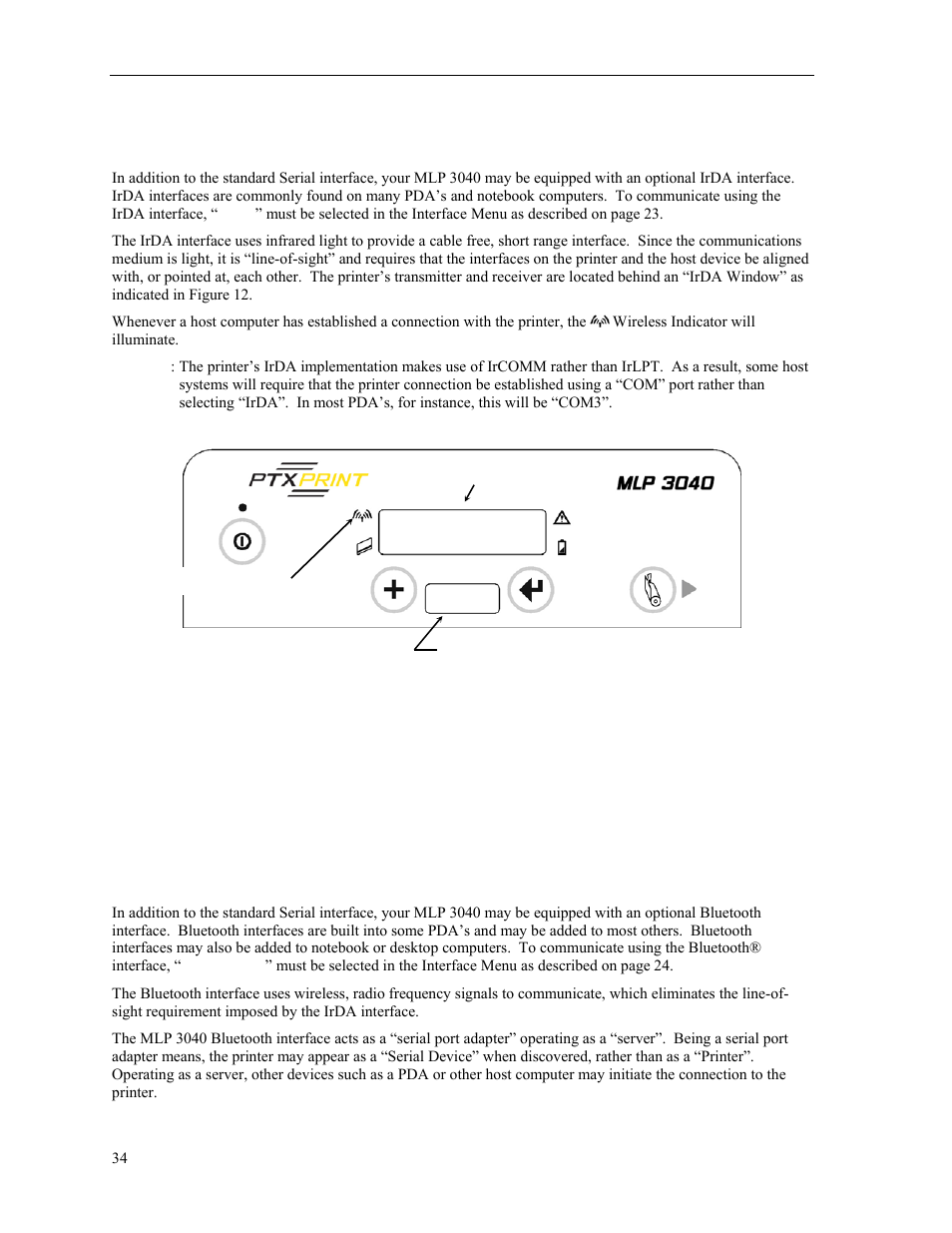 Irda interface, Bluetooth® interface, Bluetooth | Interface | Psion Teklogix MLP 3040 Series User Manual | Page 40 / 65