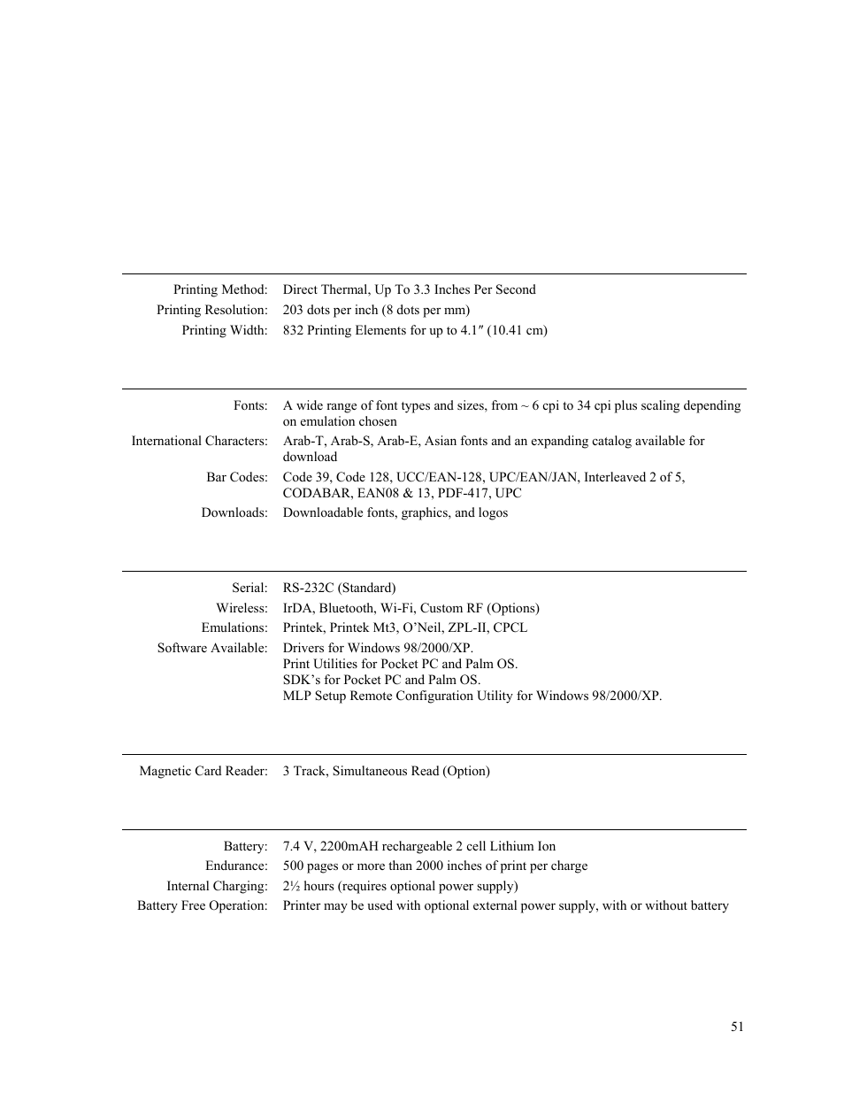 Specifications, Printer specifications | Psion Teklogix MLP 3040 Series User Manual | Page 57 / 65