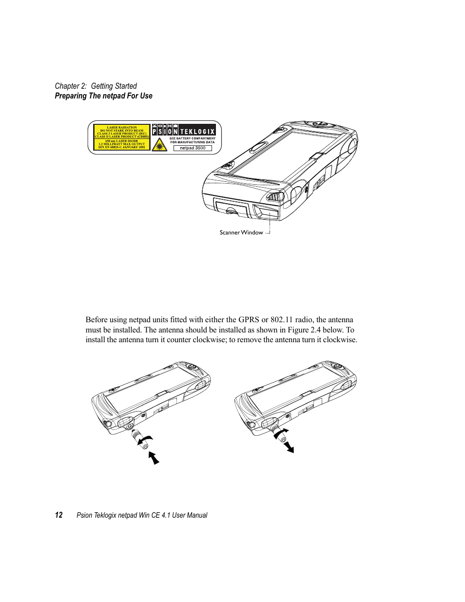 2 preparing the netpad for use, 1 fitting the antenna, Preparing the netpad for use | Fitting the antenna | Psion Teklogix netpad Win CE 4.1 User Manual | Page 32 / 132