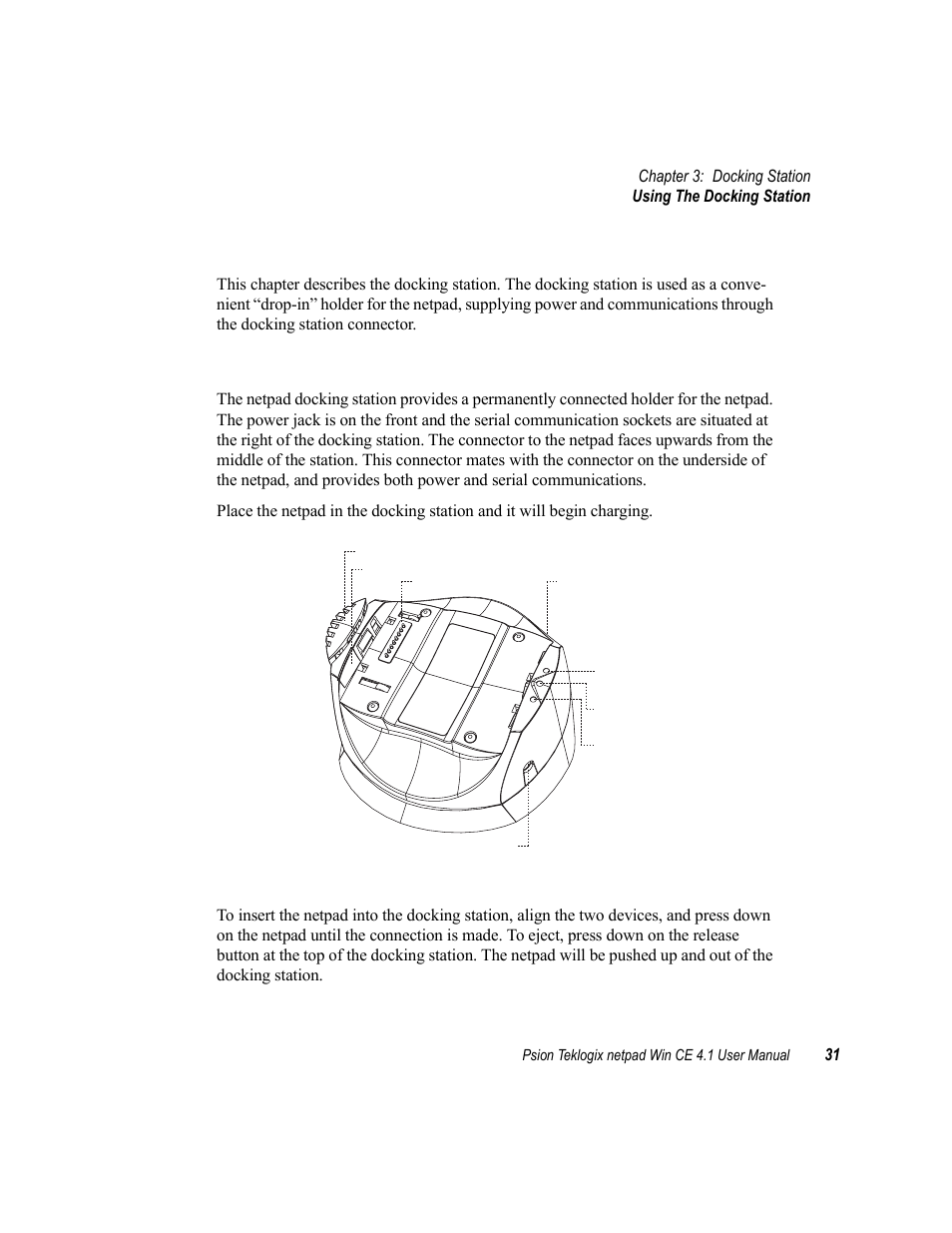 1 using the docking station, 1 docking station, Using the docking station | Docking station, Figure 3.1 docking station features | Psion Teklogix netpad Win CE 4.1 User Manual | Page 51 / 132