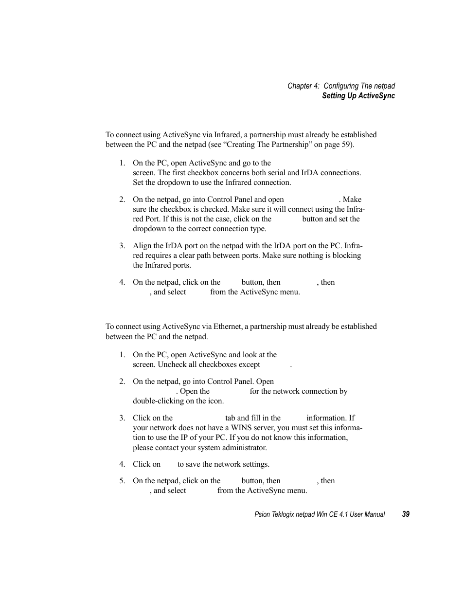 2 connecting with infrared (irda), 3 connecting with ethernet (802.11) | Psion Teklogix netpad Win CE 4.1 User Manual | Page 59 / 132