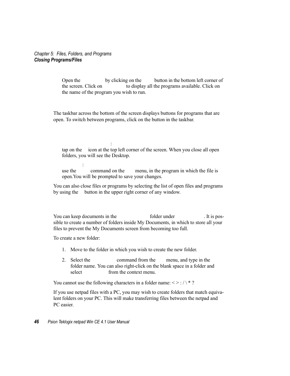 4 closing programs/files, 5 creating new folders, Closing programs/files | Creating new folders, 4 closing programs/files 5.5 creating new folders, 4 closing, Programs/files, How can i see which programs are open | Psion Teklogix netpad Win CE 4.1 User Manual | Page 66 / 132