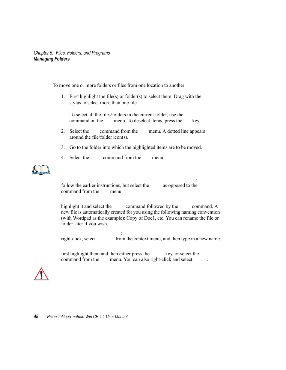 8 managing folders, Managing folders | Psion Teklogix netpad Win CE 4.1 User Manual | Page 68 / 132
