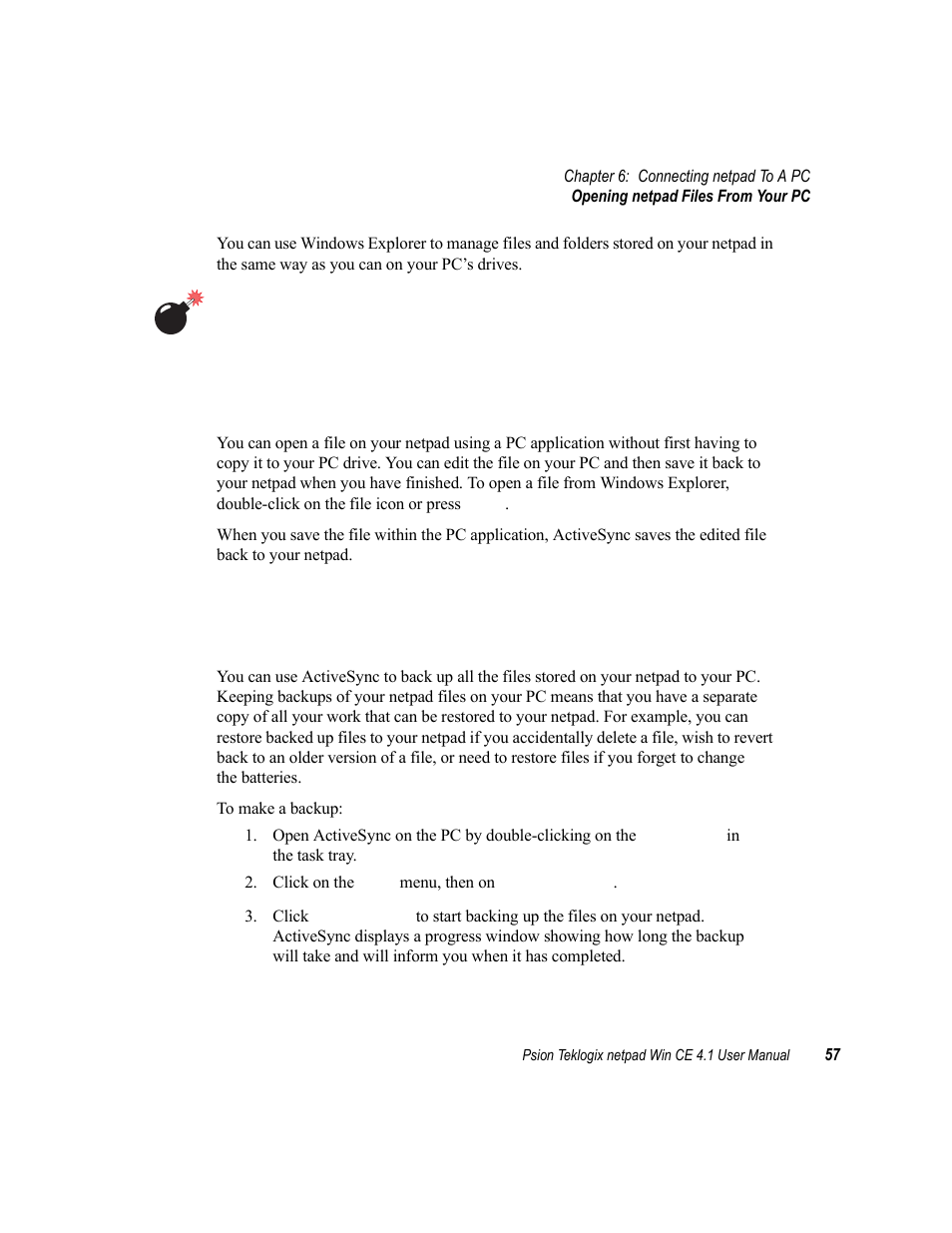 4 opening netpad files from your pc, 5 backing up your netpad with activesync, 1 performing your first backup | Opening netpad files from your pc, Backing up your netpad with activesync, Performing your first backup | Psion Teklogix netpad Win CE 4.1 User Manual | Page 77 / 132