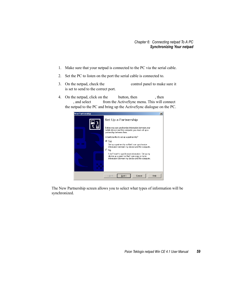 1 creating the partnership | Psion Teklogix netpad Win CE 4.1 User Manual | Page 79 / 132