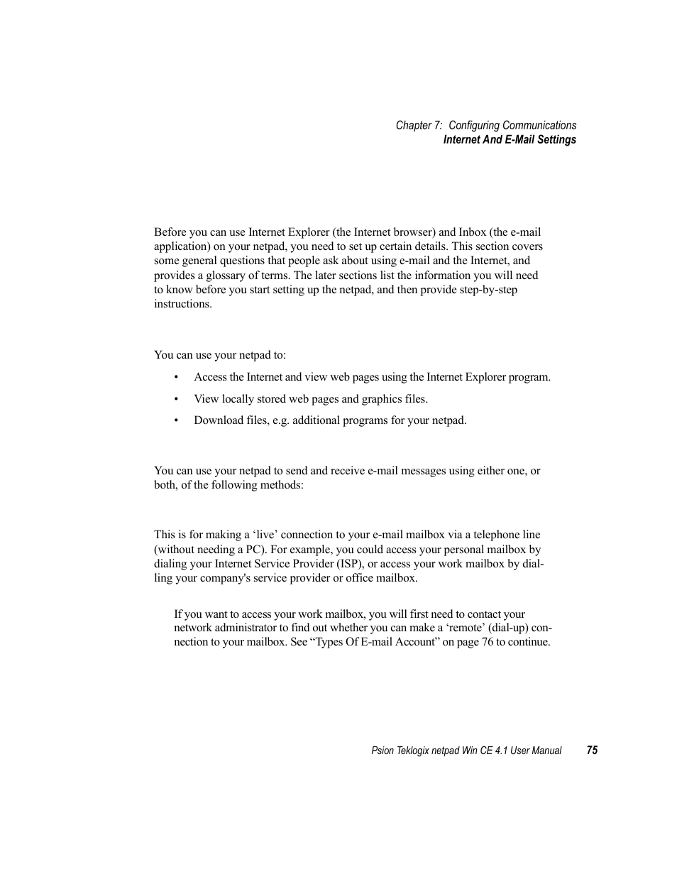 4 internet and e-mail settings, 1 overview, 1 using the internet on netpad | 2 using e-mail on netpad, Internet and e-mail settings, Overview, Connecting by telephone line to a remote mailbox | Psion Teklogix netpad Win CE 4.1 User Manual | Page 95 / 132