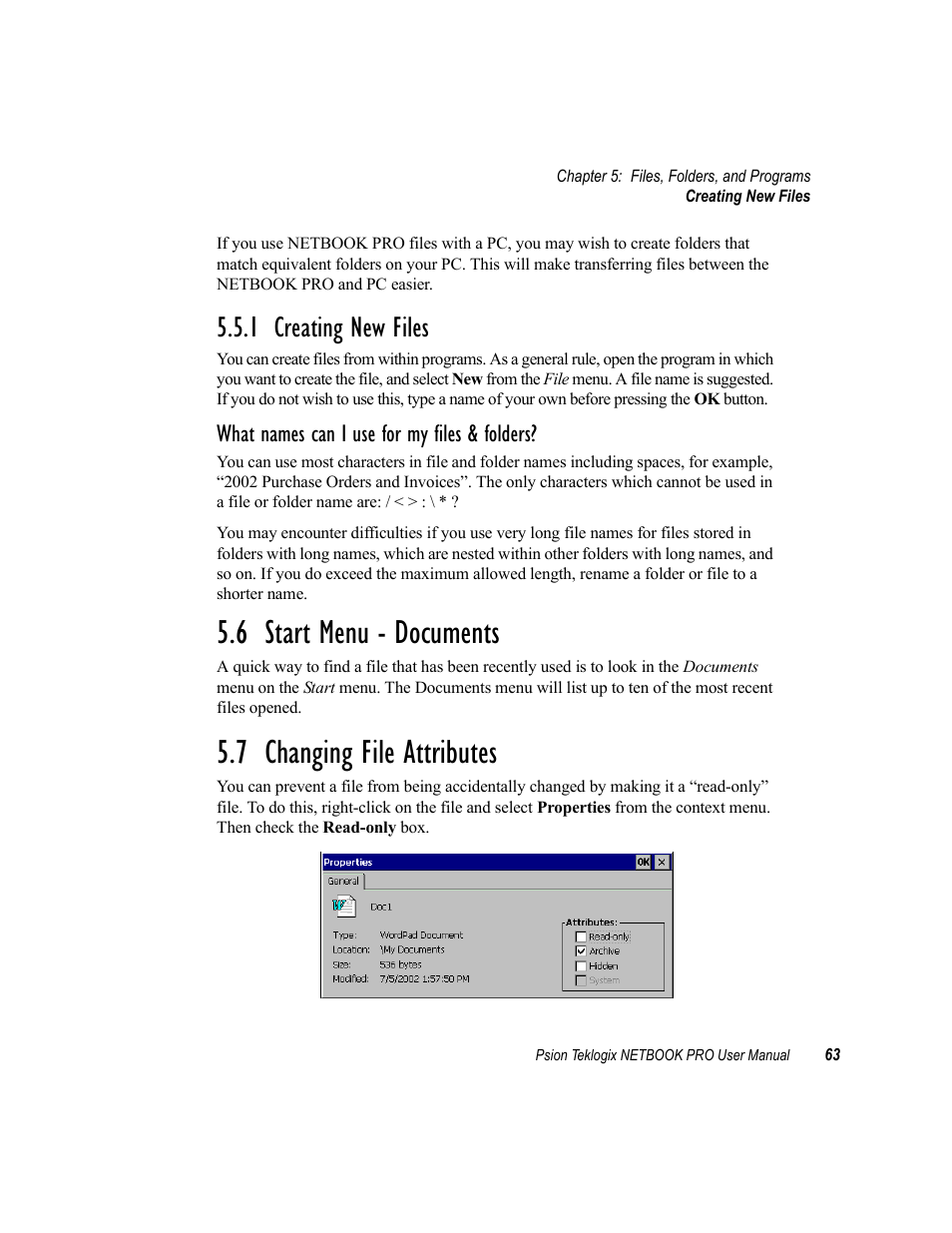 1 creating new files, 6 start menu - documents, 7 changing file attributes | Creating new files, Start menu - documents, Changing file attributes, What names can i use for my files & folders | Psion Teklogix Netbook Pro none User Manual | Page 83 / 172